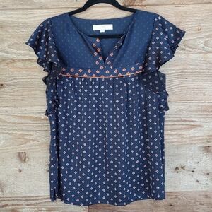 Navy Blue and Orange Printed Short Sleeve Top MP